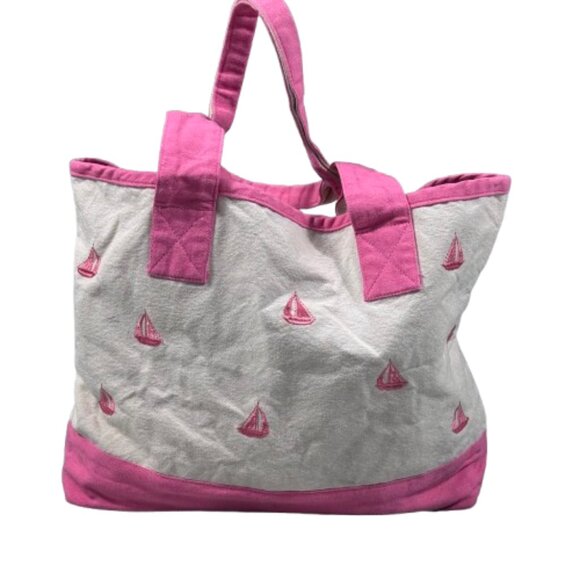 Pink Sailboat Canvas Preppy Beach Resort Cruise Vacation Tote Bag 15 x 11 x 3 - Picture 3 of 15